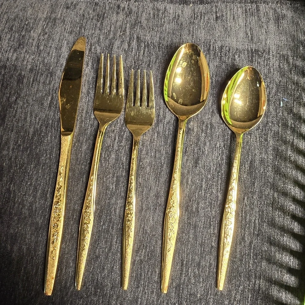 VTG J H Carlyle Golden Bouquet Flatware 5 Pc Place‎ Set Electroplate Golden Ware